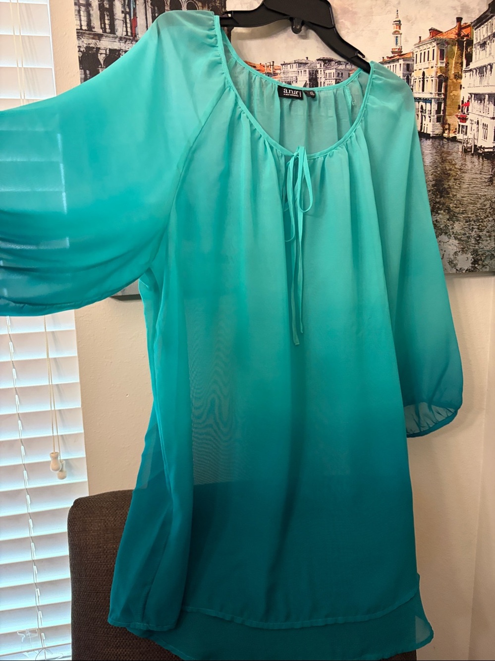a.n.a Teal Sheer Tie-Neck Peasant Tunic 2X - Picture 6 of 12